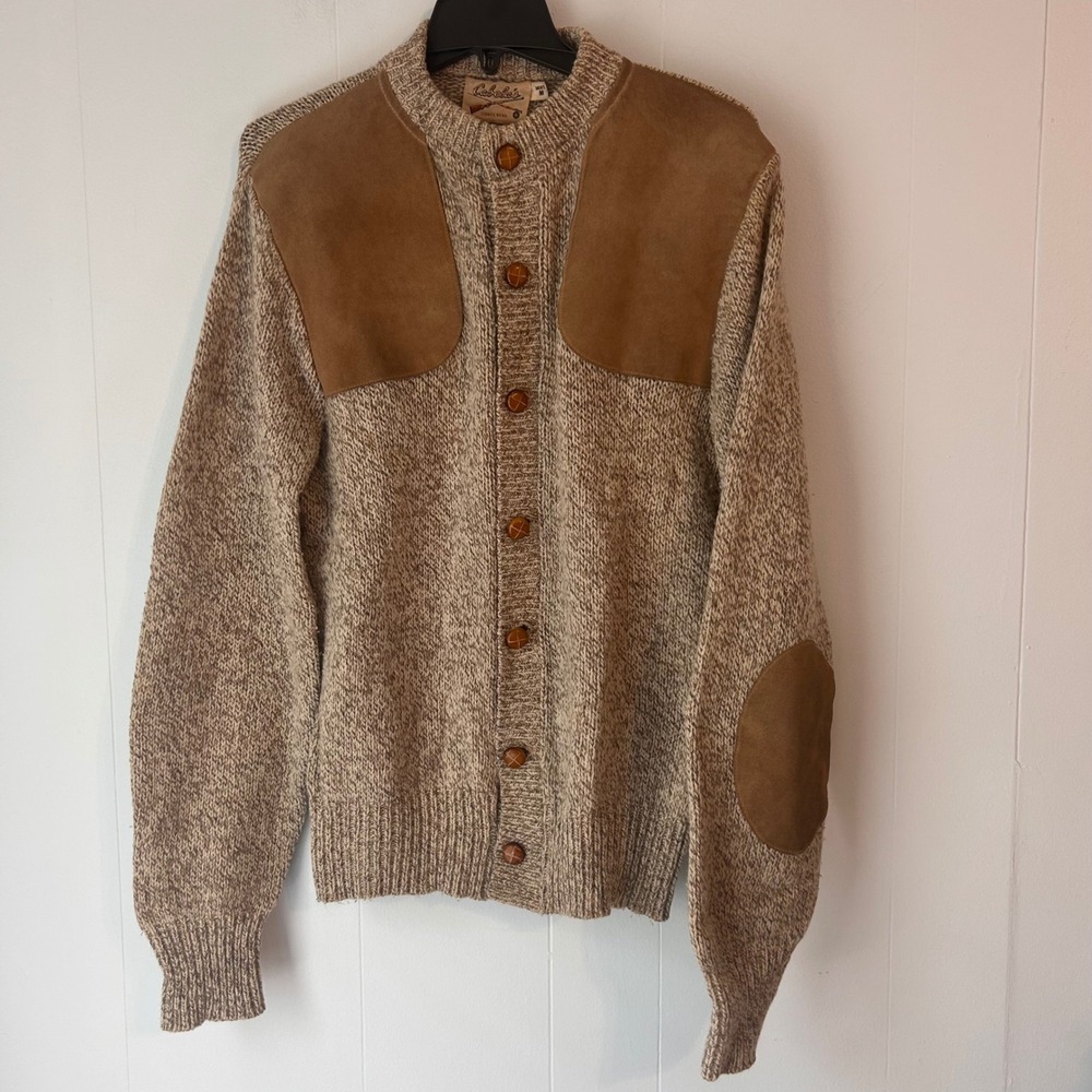 Vintage Cabelas Mens Brown Marl Shooting Cardigan Suede Patch Sweater Size M
